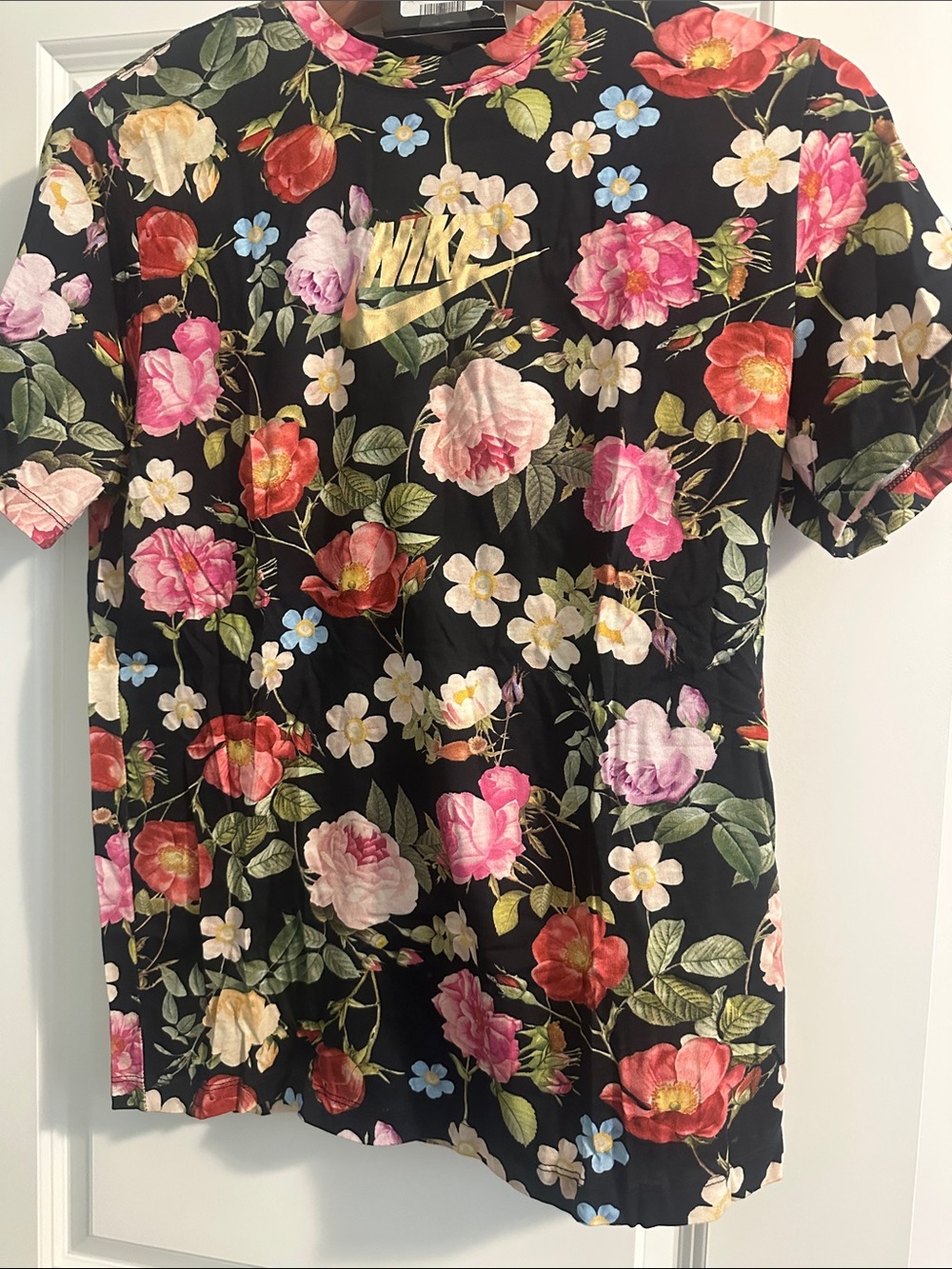 Nike Black Floral Tee with Pink, Red & Cream Roses
